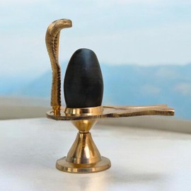 Shiva Lingam with Brass Sheshnag Jalhari – 2.25" inch Narmadeshwar Shivling on 3.5" inch Yoni Base – Hindu Puja Idol for Mandir – Shiva Lingam Statue with Snake Stand for Spiritual Worship & Decor