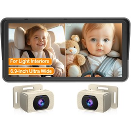 Yakry 2-Kids Baby Car Camera for Seat: 6.9" Split Screen Display with 2 Cameras - HD 1080P, Night Vision, Easy to Install Rear Facing Baby Car Mirror (White)