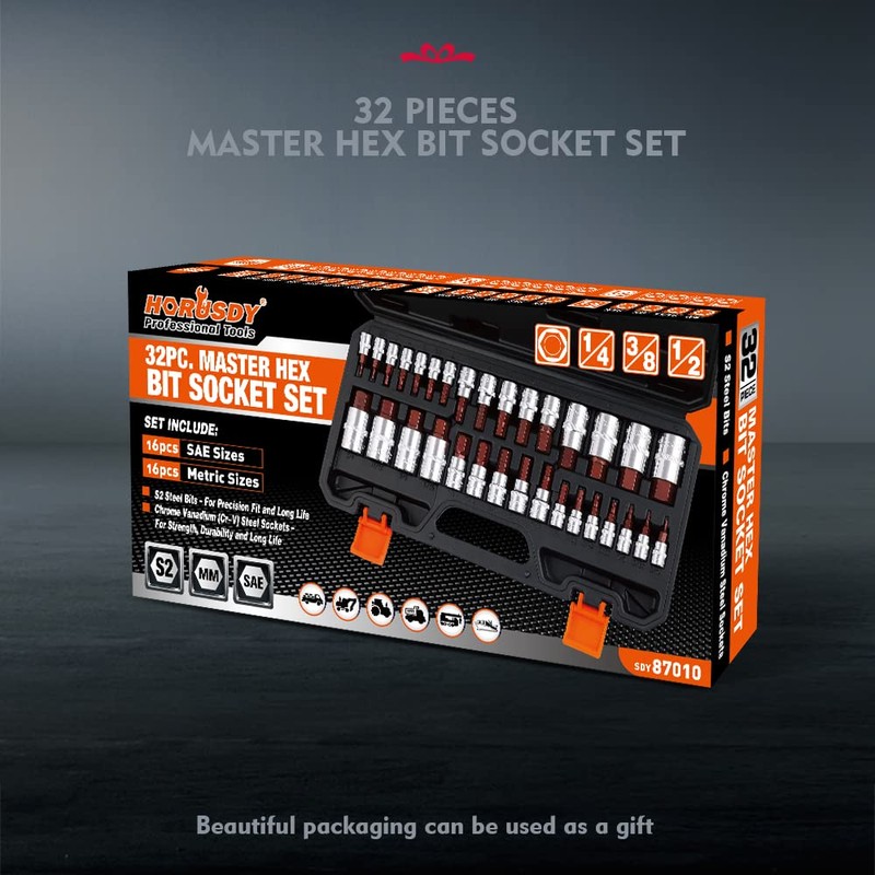 HORUSDY Allen Socket Set, 32-Piece Hex Bit Socket Set,SAE and