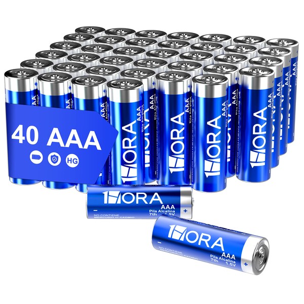 1 Hora Pilas AAA, Paquete de 40 Pilas Alcalinas AAA LR03 1.5V Larga Duración Baterías Desechables para Juguetes, Reloj, Despertador, Mando a Distancia Portátil