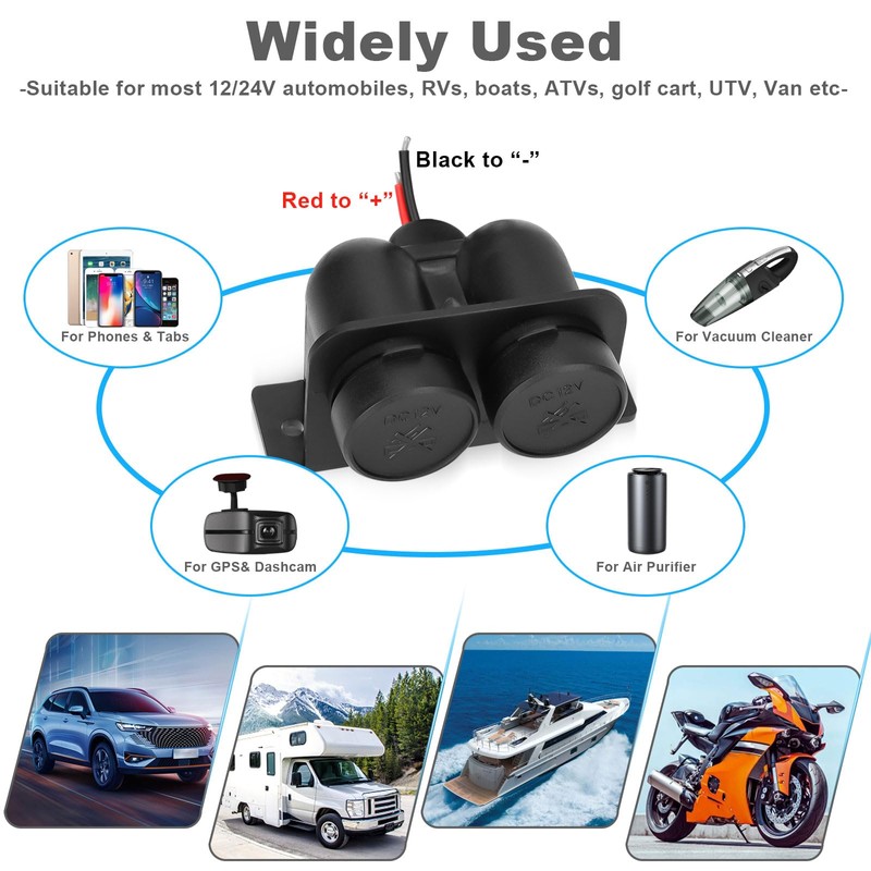 1PCS Cigarette Lighter Socket with Blade Fuse, 2-Socket Cigarette Lighter