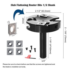 SICWOOD Slab Flattening Router Bits 1/2 Shank, 2-1/2”Cut Dia, 2+2 Insert Carbide, CNC Spoilboard Surfacing Router Bits, Planing Router Bits, for Flycutter/ Slab Leveler/ Rabbeting