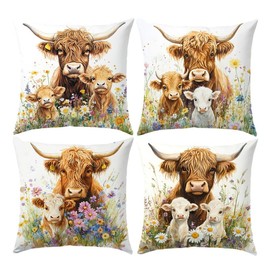 SEVENWELL Highland Cow Cushion Cover 45x45cm Set of 4 Scottish Cow Pillow Cover for Women Pillow Cover Animal Outdoor Flower Throw Pillow Case Decor Home Livingroom Couch Sofa