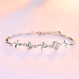 AVECON 925 Sterling Silver Birthstone Bracelet Four Leaf Clover Design Cubic Zirconia CZ Adjustable Link Chain for Women