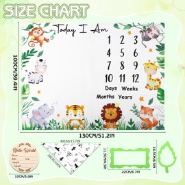 Guiqulai Baby Milestone Blanket for Baby Boy, Animals Baby Monthly Milestone Blanket Safari Baby Growth Blanket Newborn Photography Background with Wooden Signs, Frames, Bandana