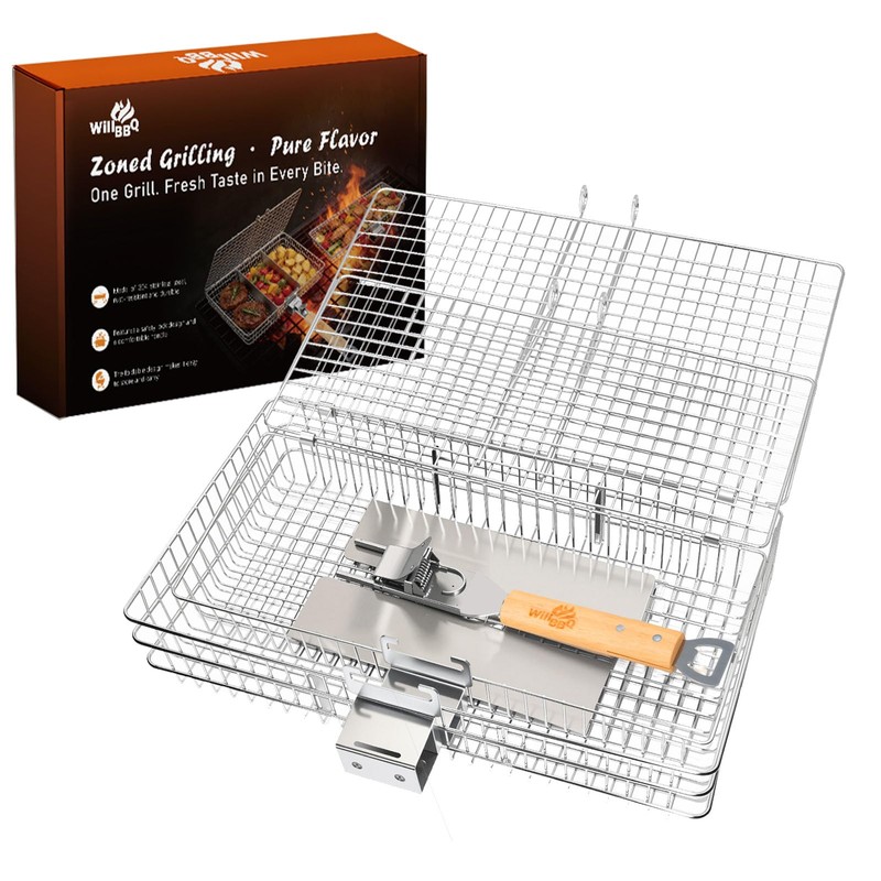 Fish Grill Basket for Outdoor Grill, Stainless Steel ，Removable Wooden
