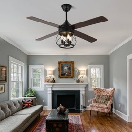 Curve Curio 52 Inch Farmhouse Ceiling Fan with Light and Remote Industrial Ceiling Fan Quiet and Reversible DC Motor Rustic Caged Chandelier Fan for Living Room Bedroom Patio