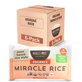 Miracle Noodle Organic Miracle Rice, 8 Oz (Pack of 6), Plant Based Shirataki Konjac Rice, 5 Calories, 1g Net Carbs Per Serving, Keto, Gluten-Free