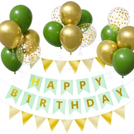 Unisun Green Birthday Decorations, Sage Green Gold Balloons Happy Birthday Banner and Bunting with Confetti Balloons, 12inch Happy Birthday Balloons, Green Party Decorations for Boys Men