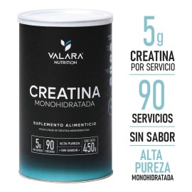 VALARA Creatina Monohidratada 450 gr - Maxima Pureza - 90 Porciones - Suplemento Deportivo en Polvo - Sin Azúcar - Sin Sabor - Con Scoop Dosificador