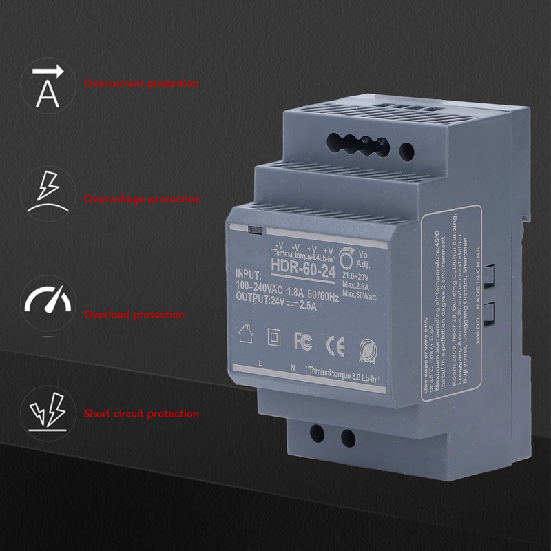 Rail Switching Power Supply 24V Thin Mount 60W 2.5A 100~240VAC