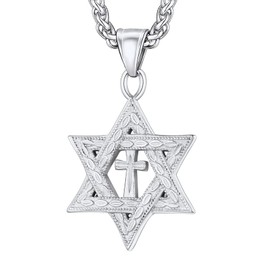U7 Israel Necklace 316L Stainless Steel Antique Cross Star of David Pendant for Men Wome, Chain 22-24 Inch
