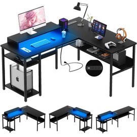 Unikito Reversible L Shaped Desk with Magic Power Outlets and Smart LED Light, Sturdy Corner Computer Desk with Monitor Stand & Storage Shelves, Gaming Table Home Office Desk, Easy Assembly, Black