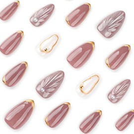 24 Pcs Brown Press on Nails Short Almond Nail Tips,YEFIUO Acrylic Nail Kit Fake Nails Press ons Glue on Nails Full Cover Artificial Cat's Eye False Nails 3D Shell Texture Nail Art Design for Women
