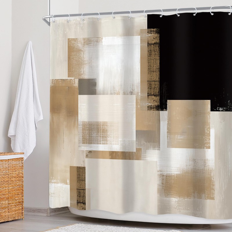 Black Brown Abstract Geometry Modern Tan Bathroom Shower Curtain Set