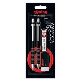 Rotring Tikky Set of Fine Lead Pen, Ballpoint Pen, Eraser and Refills, Pencil with HB Lead, 0.5 mm, Black Shaft, Lightweight with Rubberised Grip Zone
