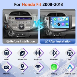 Motorsi 4+64G Car Stereo Radio for Honda Fit Jazz 2008-2013 10.1" Touch Screen Bluetooth Audio with CarPlay Android Auto GPS Navi Mirror Link WiFi EQ RDS Hi-Fi Backup Camera MIC