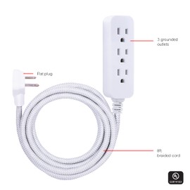 GE 3-Outlet Power Strip Surge Protector 8 Ft Braided Extension Cord with Multiple Outlets Grounded Flat Plug ETL Listed White 38433
