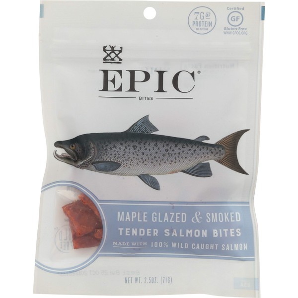 Epic Jerky Bites, 100% Wild Caught, Maple Glazed & Smoked, Alaskan Salmon, Coconut Oil 2.5 oz. Pouch