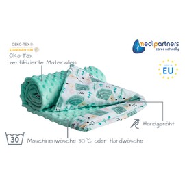 Medi Partners Crawling Blanket 100% Cotton 75 x 100 cm Double-Sided Multifunctional Minky Cuddly Blanket for Prams Soft Fluffy (Mint Hedgehog with Mint Minky)