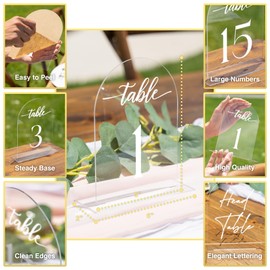 Clear Arch Table Numbers for Wedding, 5x7 Inch Arched Acrylic Table Numbers 1-15 with Acrylic Stands, Clear Acrylic Arch Tabletop Sign with Holder for Centerpiece, Reception, Wedding, Parties