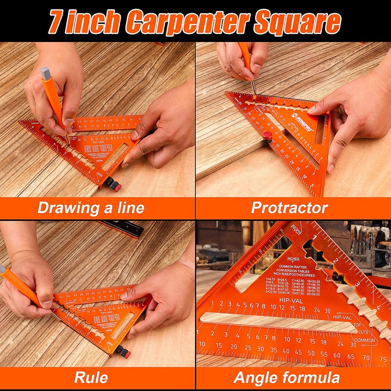 RONGPRO 4Pcs Woodworking Tools -7''Aluminum Rafter Square,12''Adjustable Protractor Angle Finder,10'Woodworking