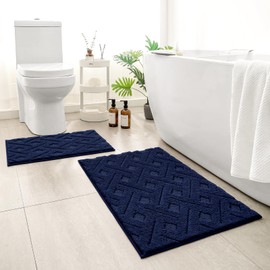 HOMEIDEAS Bathroom Rugs Sets 2 Piece, Extra Soft Shaggy Absorbent Non Slip Machine Washable Grid Bath Mat for Floor, Tub and Shower (Navy Blue)