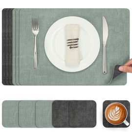 Myir JUN Washable Leather Placemats and Coasters, Double-Sided Place Mats Set of 6 Non-Slip Faux Leather Placemats (Grey Sage Green, Set of 6)