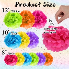 Grevosea 12 Pcs Paper Pom Pom Decorations, 8/10/12inch Mexican Paper Flowers Colorful Tissue Paper Flowers Large Paper Flowers for Wedding Birthday Carnival Fiesta Party Decorations