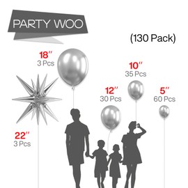 PartyWoo Metallic Silver Balloons 130 pcs,1958