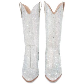 RONILURN Women Cowboy Boots Cowgirl Rhinestone Mid Calf Western Boots Sparkly Glitter Boots Bling Pointed Toe Chunky Heel Pull On