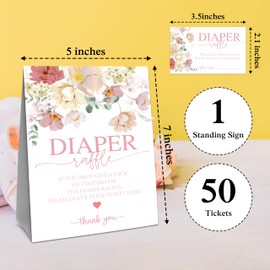 Floral Baby Shower Diaper Raffle Game Set - Watercolor Flowers 1 Standing Sign & 50 Diaper Raffel Tickets - Baby Announcement, Gender Reveal Party Activities & Decorations For Boys, Girls - A02