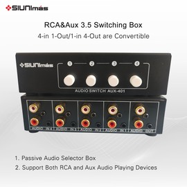 SIUNIMAS 4-in 1-Out RCA and 3.5mm Aux Audio Receiver Switching Box 4 Channels Audio Converter Passive Audio Selector Switch Box 1-in 4-Out (S401-RCA AUX)