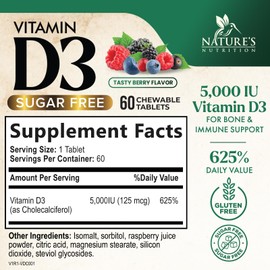 Vitamin D3 5000 IU (125 mcg) - Chewable D Vitamin for Bone, Teeth, Muscle & Immune Support, Sugar Free, Non-GMO, Gluten Free, Nature's Extra Strength Vitamin D Supplements - 60 Chewable Tablets
