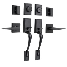 NeuType Double Door Lock Set Double Door Handle Set Front Door Handle Sets,Entrance Handle Set with Dummy,with Single Cylinder Deadbolt and Lever Handle, Matte Black