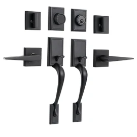 NeuType Double Door Lock Set Double Door Handle Set Front Door Handle Sets,Entrance Handle Set with Dummy,with Single Cylinder Deadbolt and Lever Handle, Matte Black