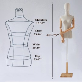 Female Mannequin Torso Dress Form, Clothing Display Model Body Stand with Head, Wooden Arms and Base for Sewing Clothing, Jewelry, Height Adjustable 47-75 Inch (Wood Color)