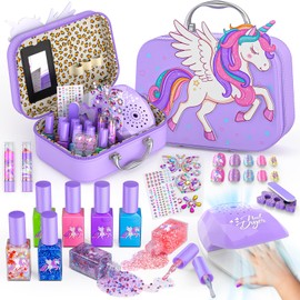 Kids Nail Polish Set for Girls, Washable Quick Dry Nail Art Kit with Nail Dryer & Cosmetic Case, Kids Nail Kit for Girls Christmas Birthday Gifts Toys for 3 4 5 6 7 8 9 10 11 12 Year Old-Purple