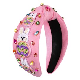boderier Easter Headband for Women Girls Beaded Easter Bunny Headband Crystal Jeweled Embellished Wide Knotted Headband Spring Holiday Accessories (Beaded Bunny-Pink)