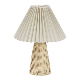 Pleated Table Lamp Bedside Night Lamp with Rattan Base Vintage Style Soft Warm Light for Bedroom Decoration