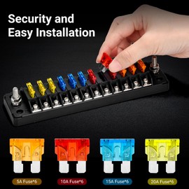12-Way Car Fuse Holder Fuse Box 12 Volt, 12 V Blade Fuse Holder with Protective Cover, Fuse Block with 24 Fuses, for Car, Truck, Boat, Van, SUV Vehicle
