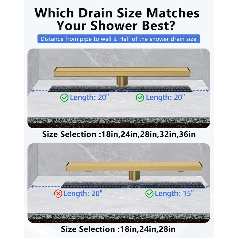 YEFU Gold Linear Shower Drain for Bathroom: 32 Inch Shower