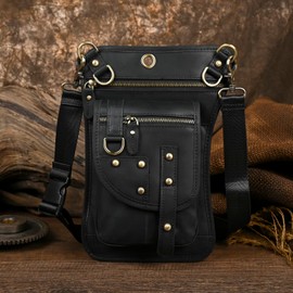 Le'aokuu Men's Genuine Leather Waist Bag Leg Bag Small Hook Bag Messenger Bag, 2141 A Black, vintage