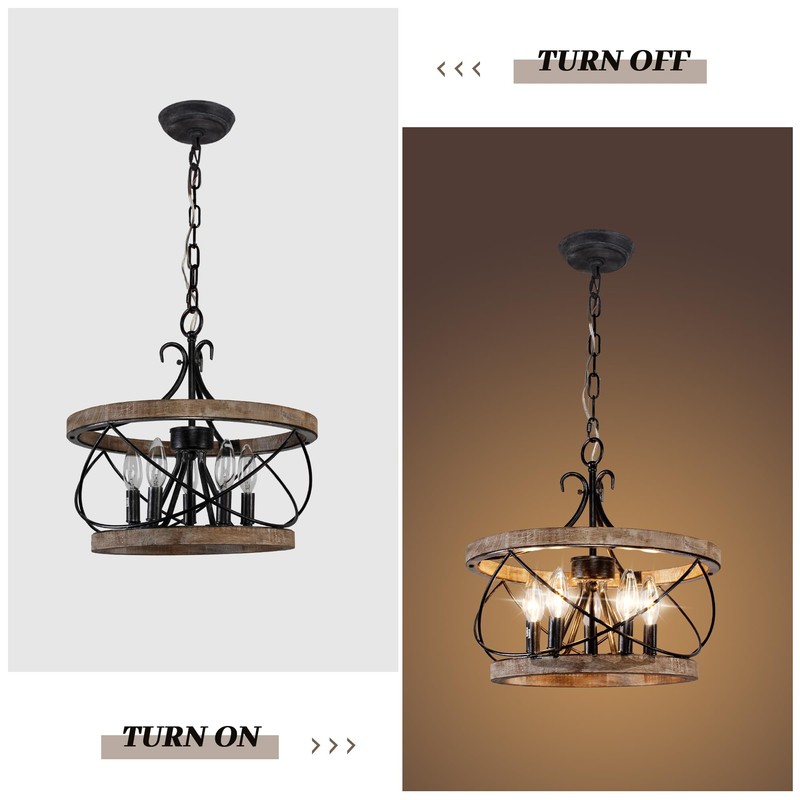 5-Light Farmhouse Wood Chandelier,Rustic Drum Chandelier,Black Vintage Chandelier for Dining