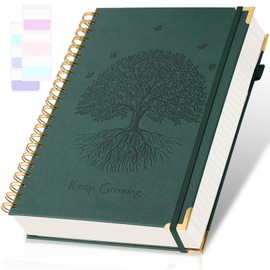 Spiral Notebook, College Ruled Notebook, 8" x 10", 300 Pages Leather Journals for Writing, B5 Hardcover Journaling Notebooks for Work School, 24pcs Tabs, Large Embossed Journal for Women Men, Green