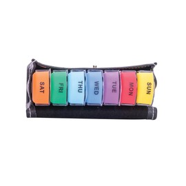 Mad Man Med Time Travel Pill Organizer - 7-Day Weekly Pill Box with Portable Faux Leather Pouch AM/PM Day-Labeled Compartments for Vitamins, Supplements & Medication - Multi-Color