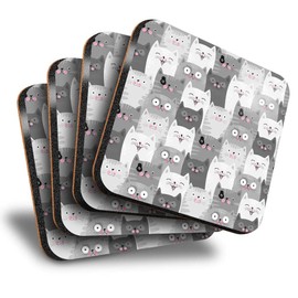 Destination Vinyl ltd Great Coasters (Set of 4) Square - Cute Cat Audience Grey White Drink Glossy Coasters/Tabletop Protection for Any Table Type #14431