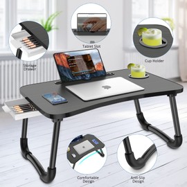Zapuno Foldable Laptop Bed Table Multi-Function Lap Serving Tray Dining Table with Storage Drawer and Water Bottle Holder, Slot for Eating, Working on Couch/Sofa (Arc Shape)