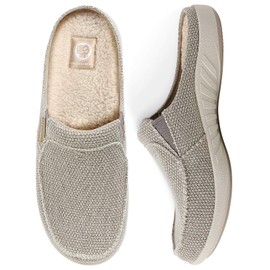 Plantar Fasciitis Slippers for Men with Arch Support, Canvas Orthotic Slipper for Men with Fuzzy Wool Insole and Velvet Lining, Slip on Clog House Slipper with Indoor Outdoor Anti-Skid Rubber Sole