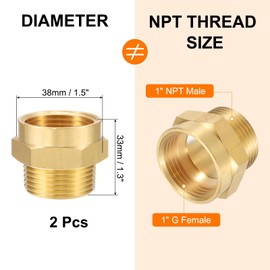 sourcing map 2Pcs Brass Pipe Fitting, 1" G Female×1" NPT Male Brass Hex Nipple Pipe Fitting Connector, 1" to 1" Female Pipe Fitting Adapter with PTFE, Gold Tone